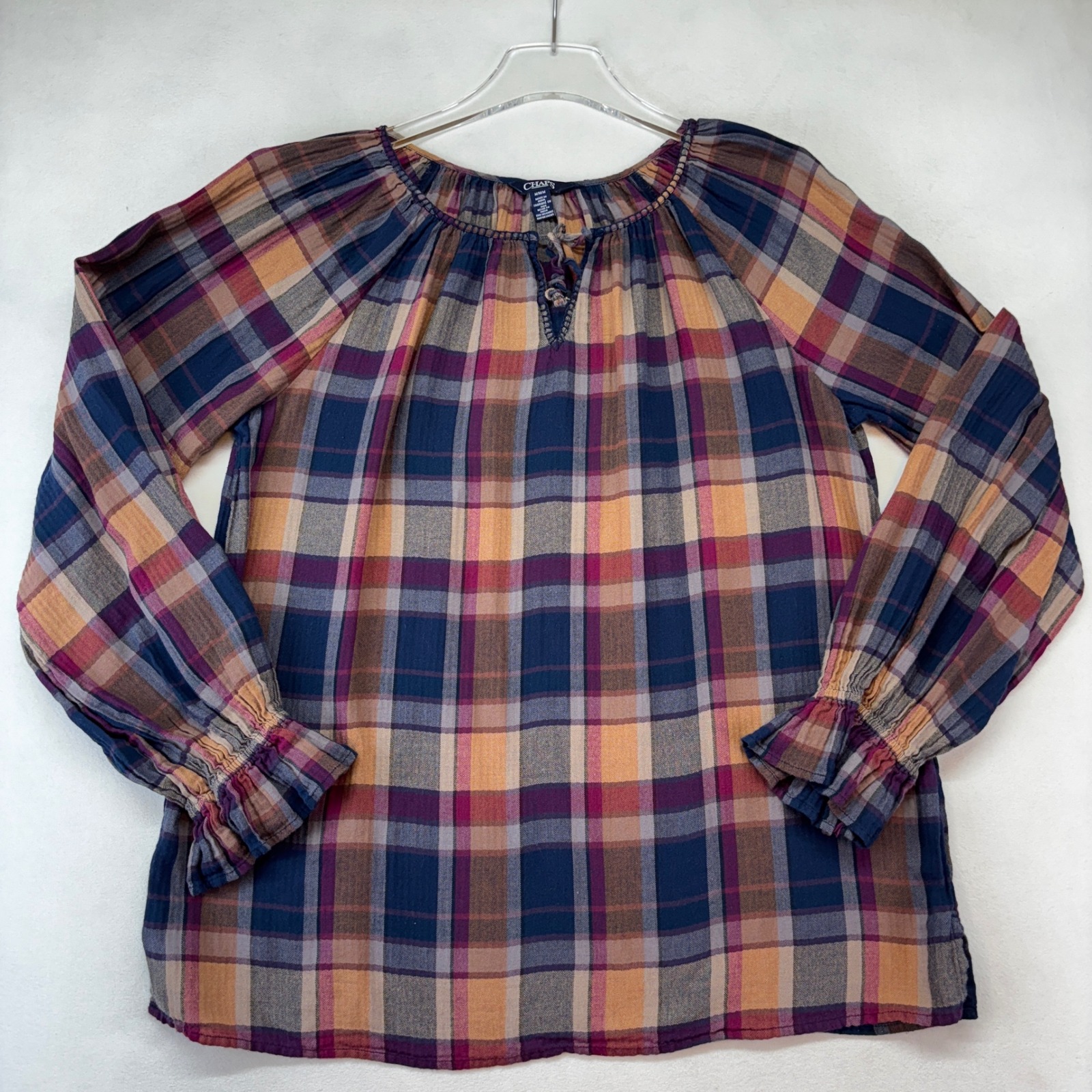 Chaps Peasant Blouse Womens Medium Multi-Color Plaid Smocked Cuff Cotton Top